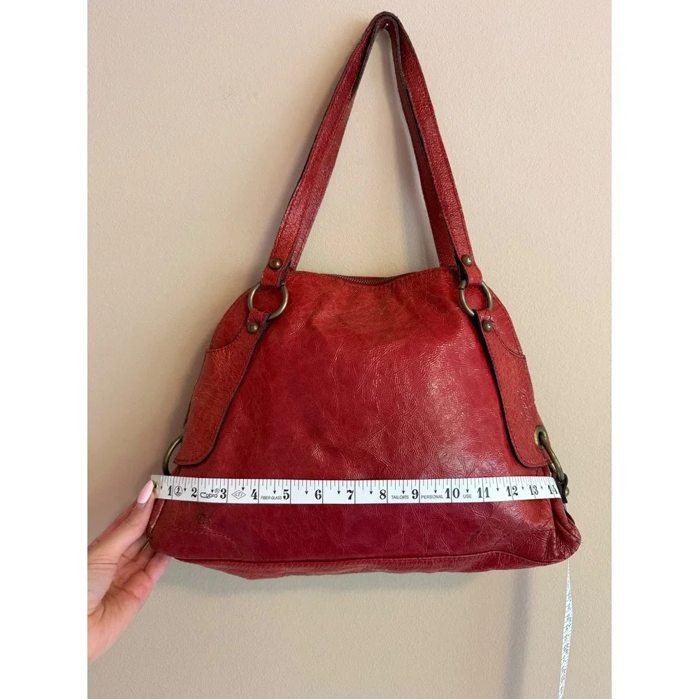 Vintage Red Leather‎ Shoulder Bag Brass Hardware Hobo Tote